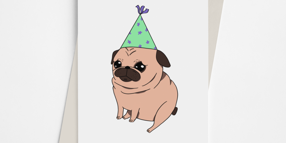 Pug with Party Hat Greeting Card Black Cat Bazaar